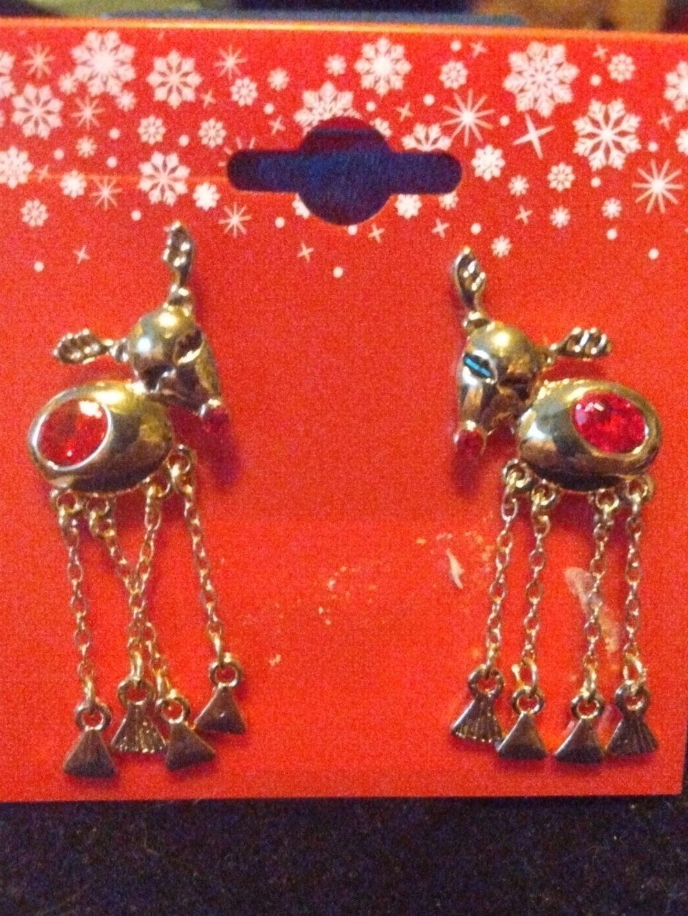 Gold-tone Reindeer Dangle Earrings with Red Accents